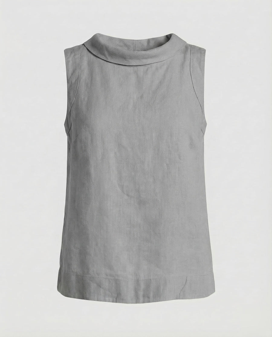 Dinah Linen Top with Crew Neck and Sleeveless in Grey