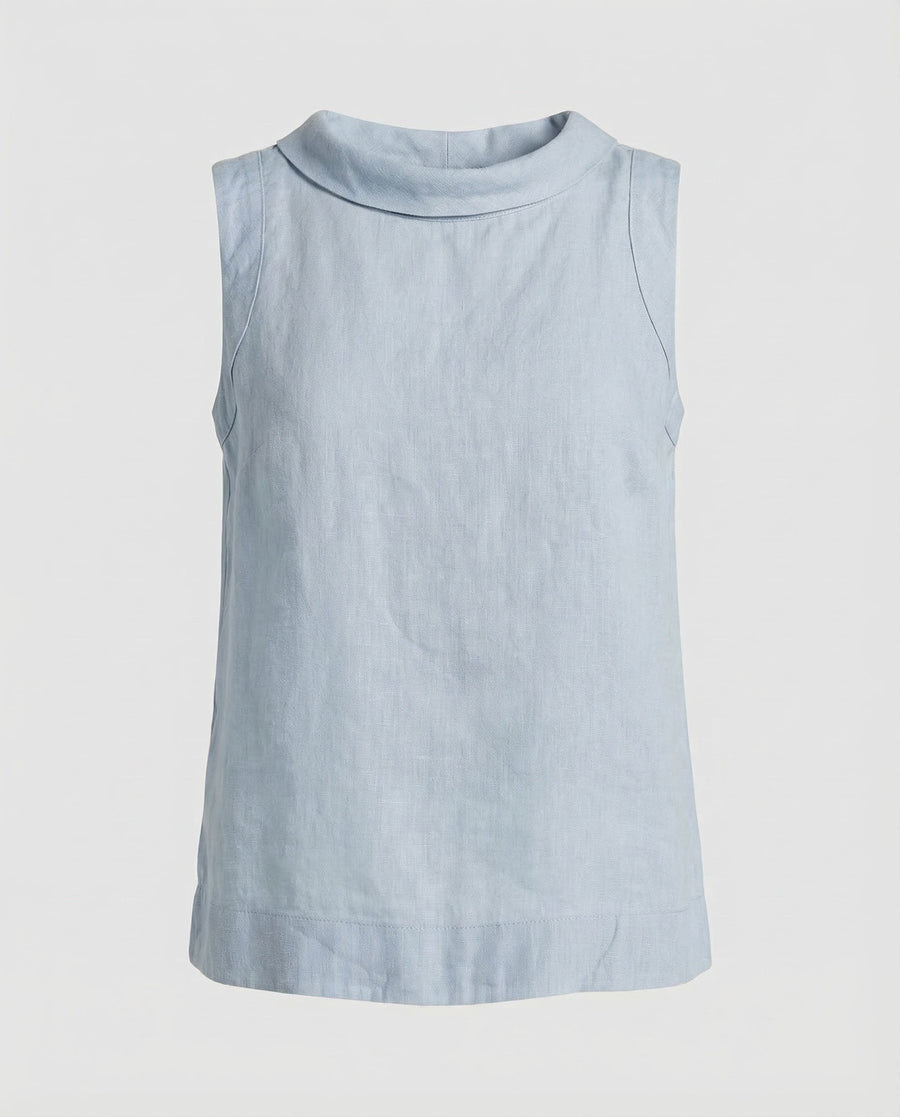 Dinah Linen Top with Crew Neck and Sleeveless in Light Blue