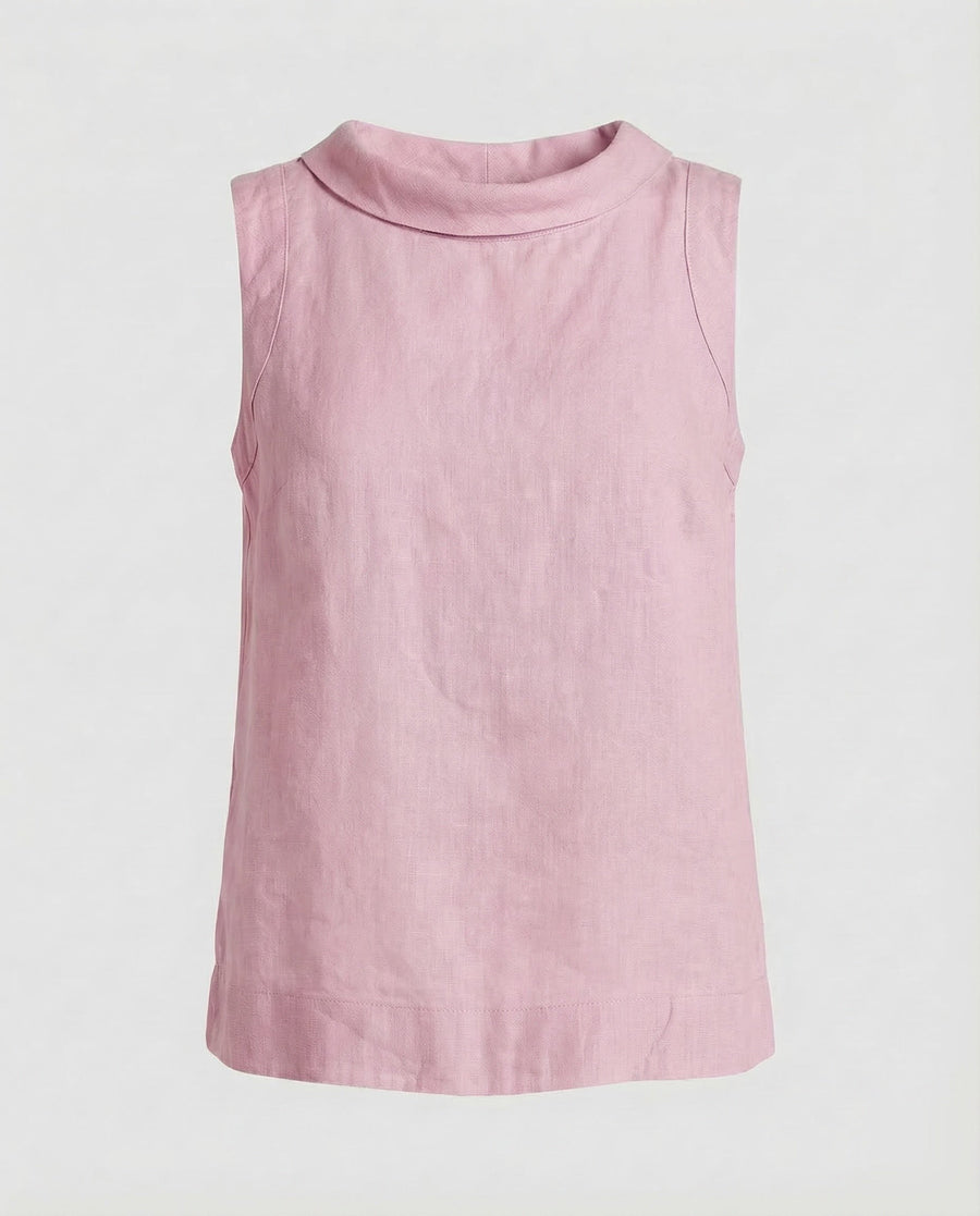 Dinah Linen Top with Crew Neck and Sleeveless in Pink