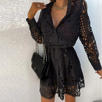 Dionne Women's Lace Long Sleeve Mini Dress V-Neck Belted Skater Dress in Black
