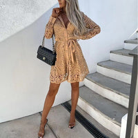 Dionne Women's Lace Long Sleeve Mini Dress V-Neck Belted Skater Dress in Gold
