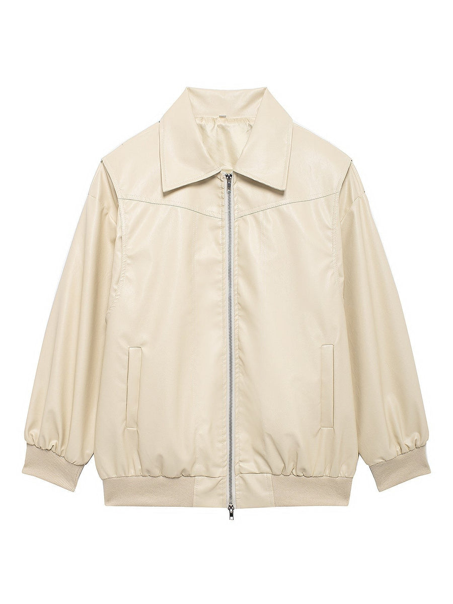 Dita Casual Leather Jacket in Beige