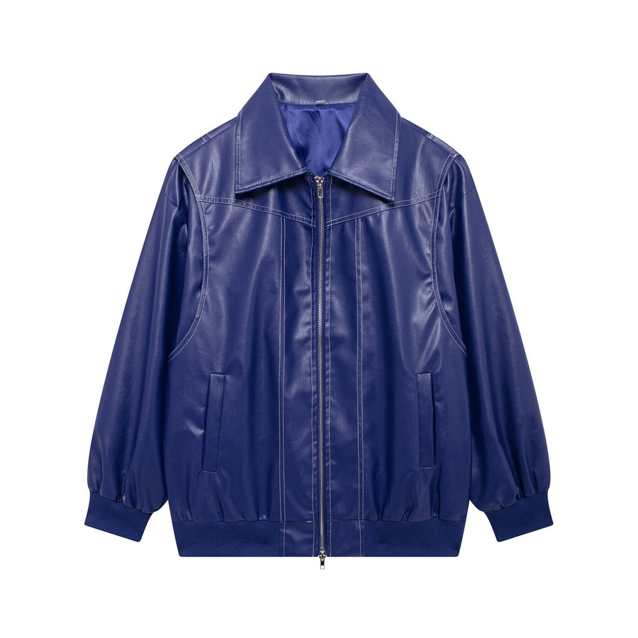 Dita Casual Leather Jacket in Navy