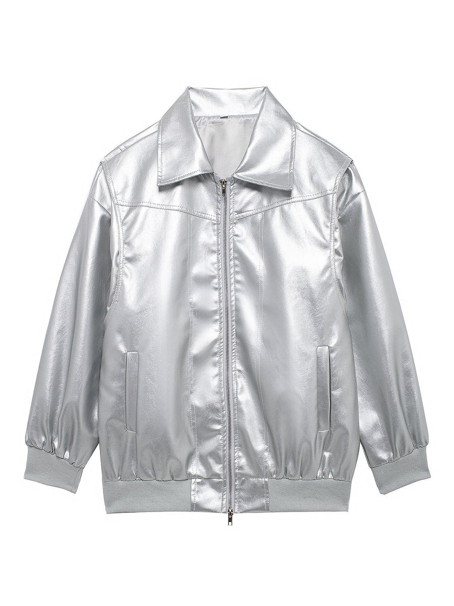 Dita Casual Leather Jacket in Silver