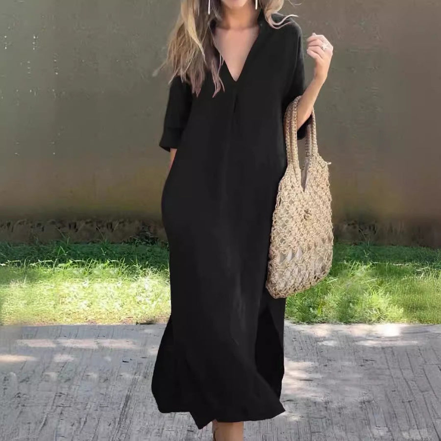 Dita Casual Midi Dress with V-Neck and Pockets in Black