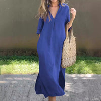 Dita Casual Midi Dress with V-Neck and Pockets in Blue