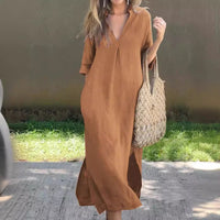 Dita Casual Midi Dress with V-Neck and Pockets in Khaki