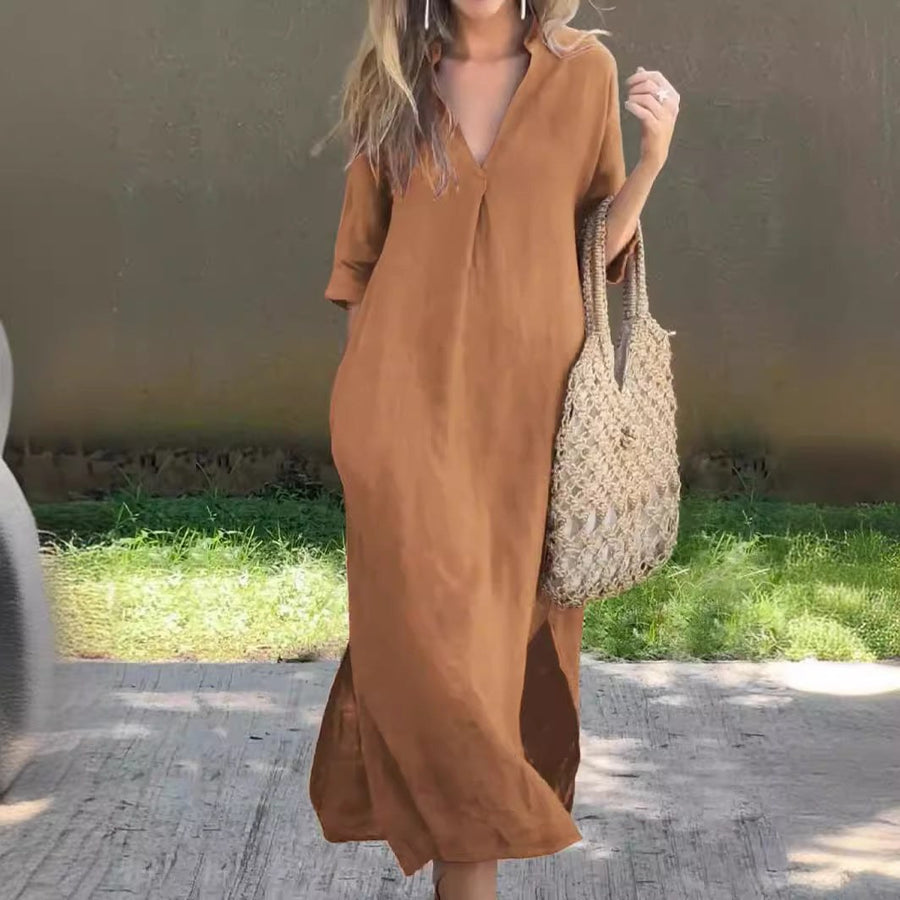 Dita Casual Midi Dress with V-Neck and Pockets in Khaki
