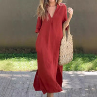 Dita Casual Midi Dress with V-Neck and Pockets in Red