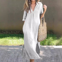 Dita Casual Midi Dress with V-Neck and Pockets in White