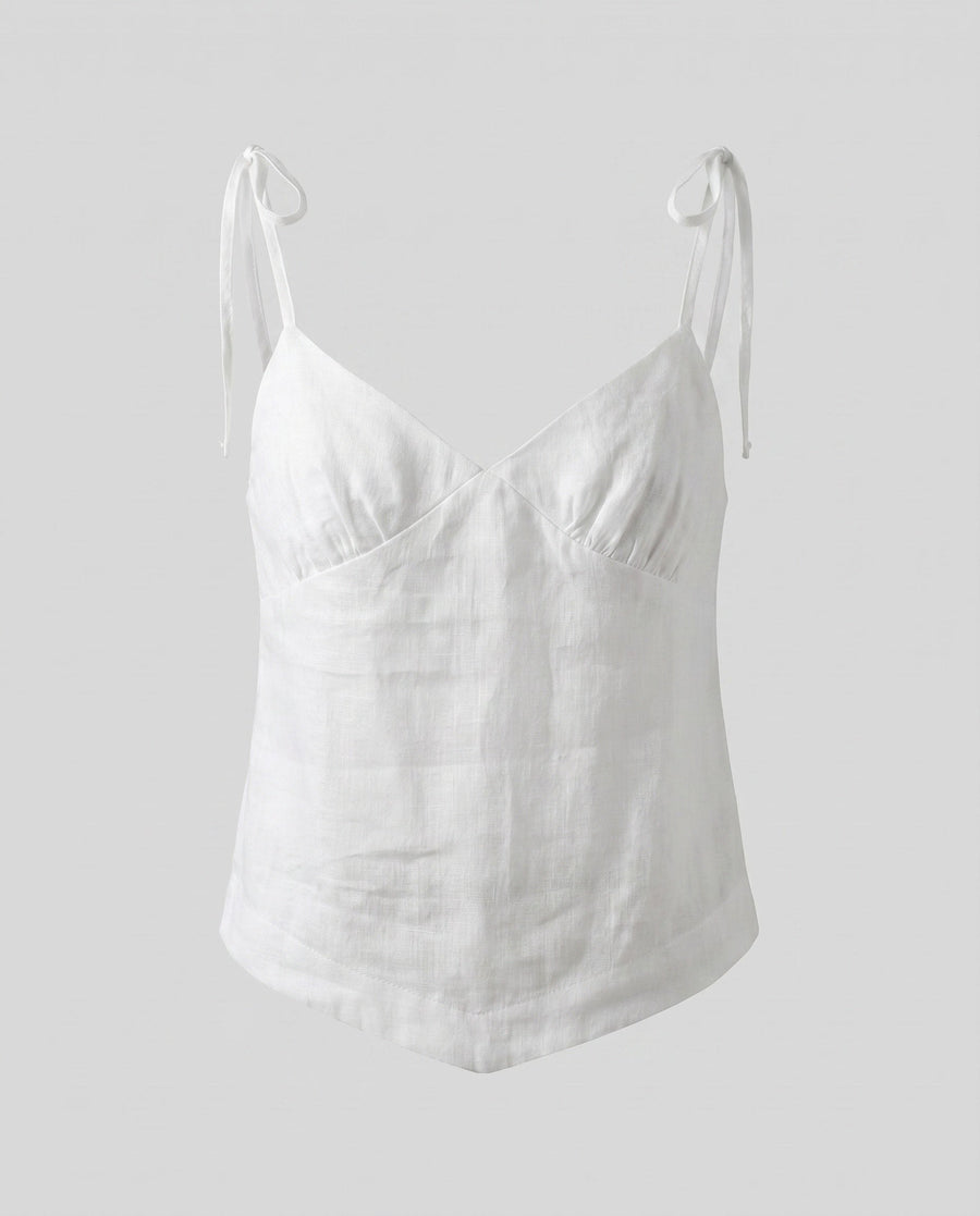 Dora Linen Top with V-Neck in White