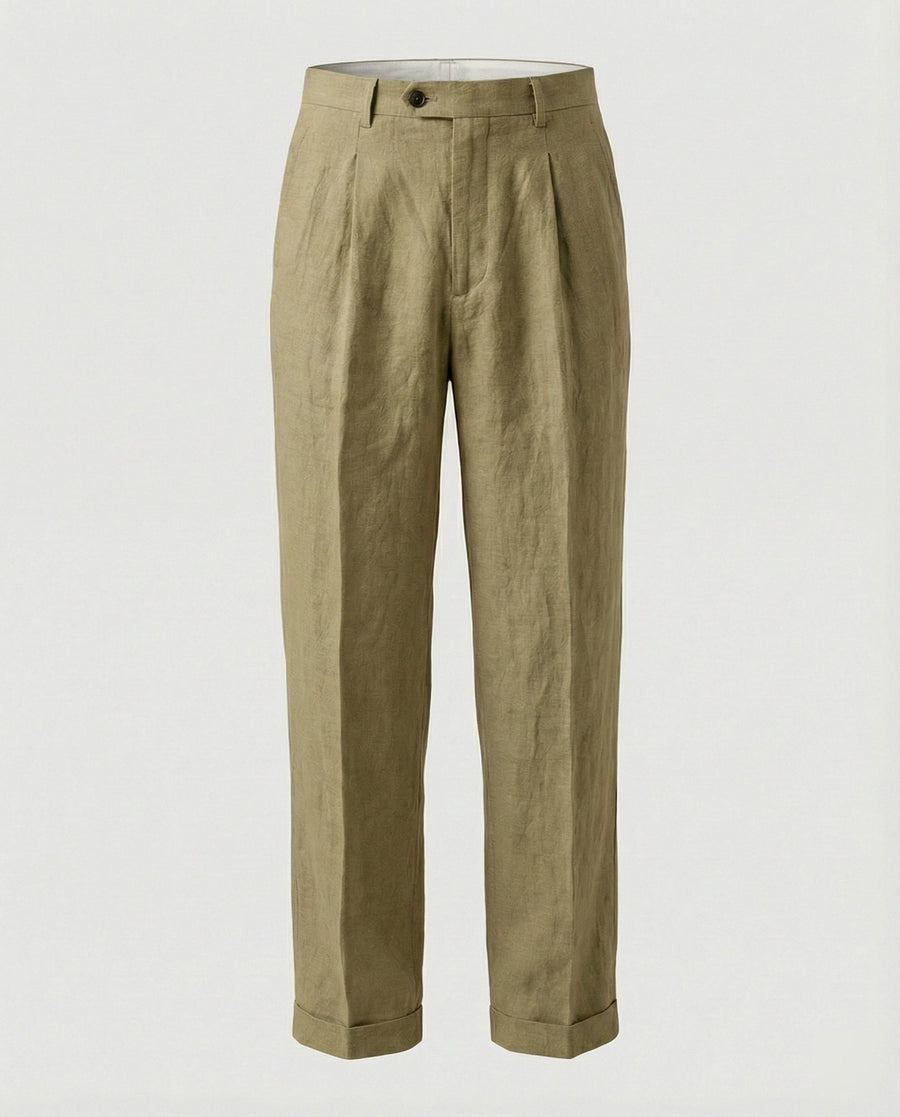 Dorian Elegant Linen Trousers in Olive Green