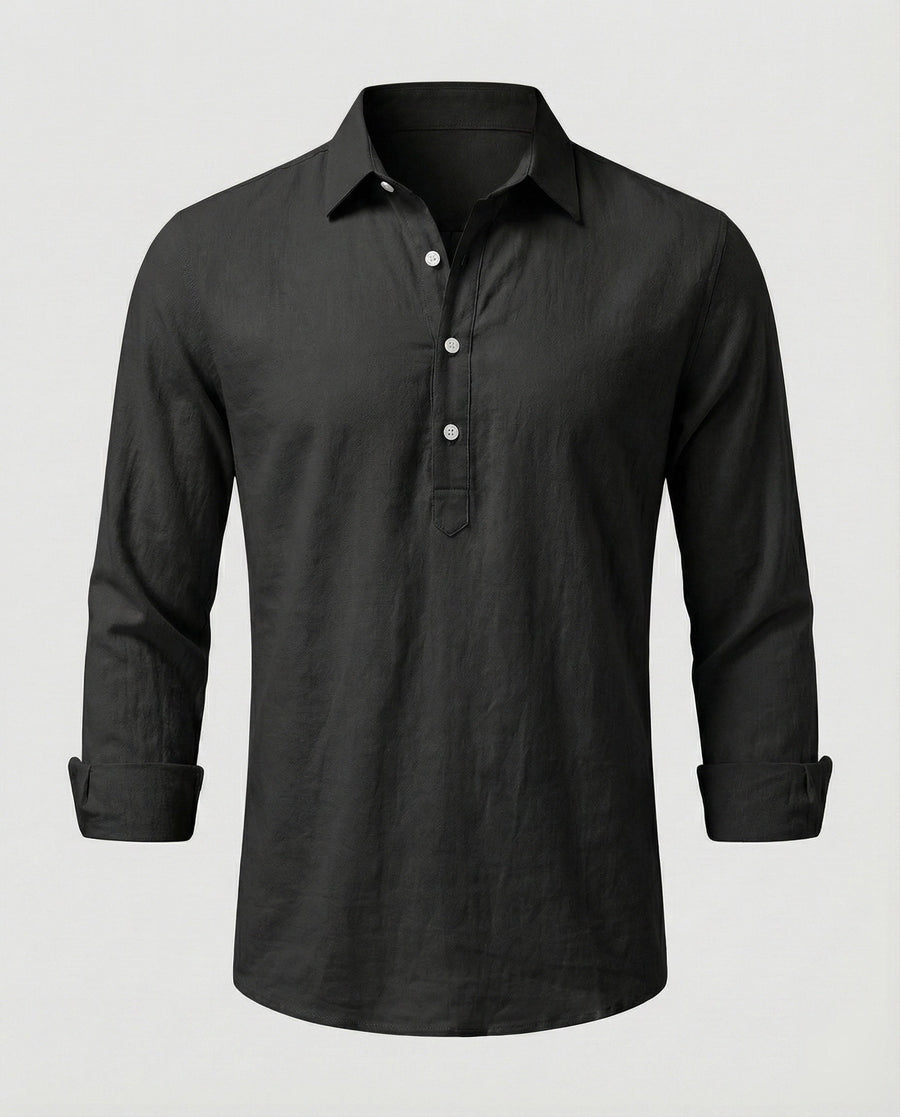 Dorian Lightweight Linen Shirt with Button Front in Black