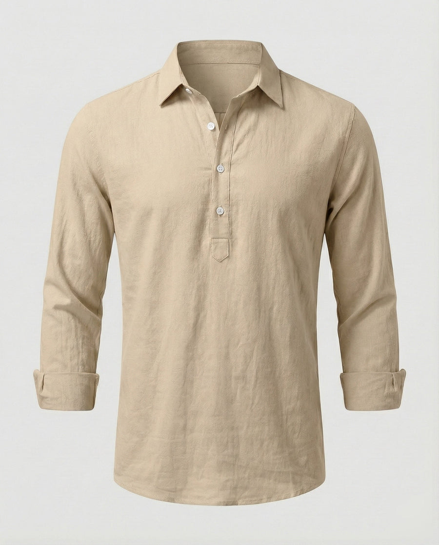 Dorian Lightweight Linen Shirt with Button Front in Khaki