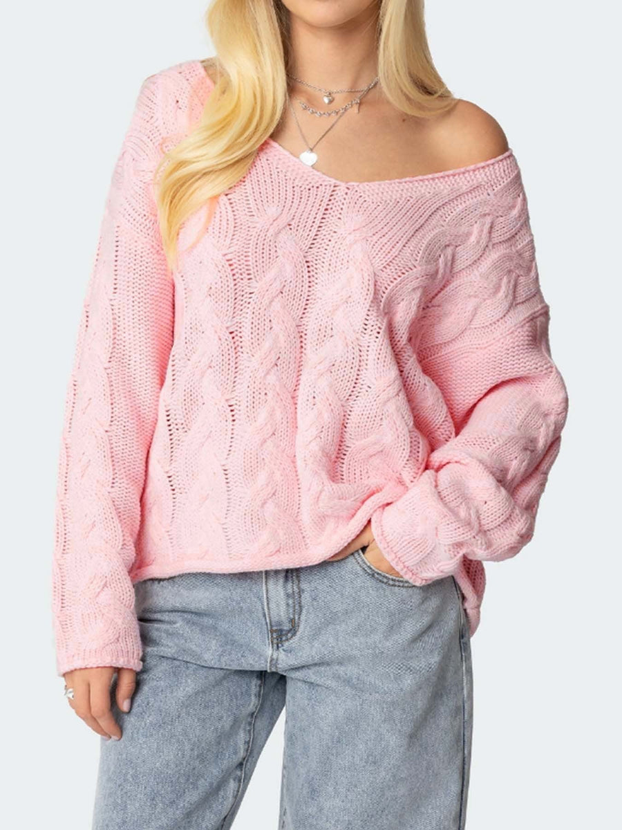 Dorothea Casual Knit Sweater with V-Neck in Pink