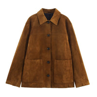 Dorothea Casual Leather Jacket with Pockets in Brown