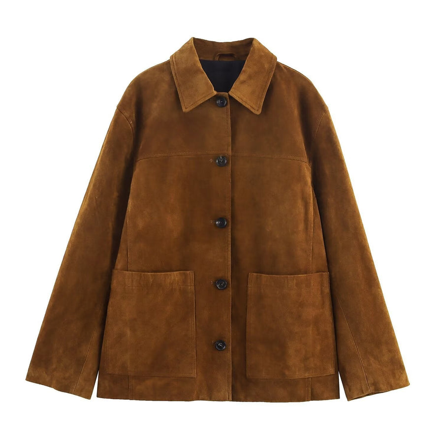 Dorothea Casual Leather Jacket with Pockets in Brown