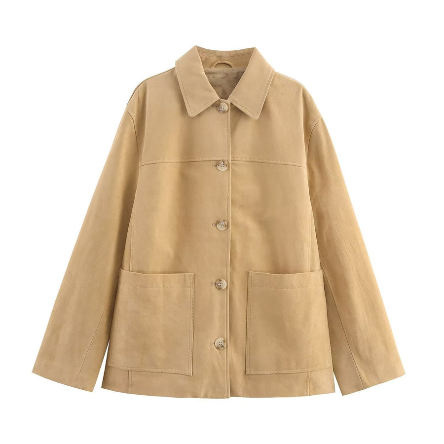 Dorothea Casual Leather Jacket with Pockets in Buttergelb