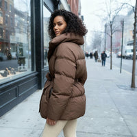 Dorothea Elegant Jacket with Stand Collar and Fitted in Brown