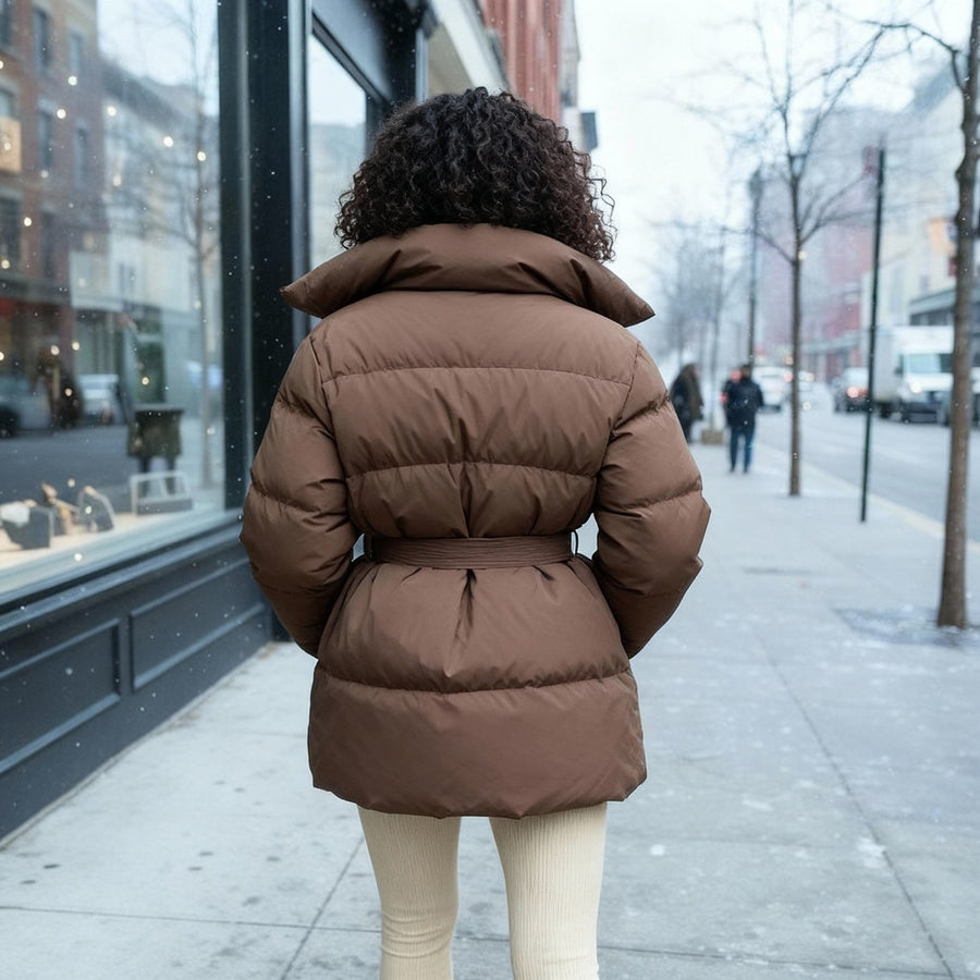 Dorothea Elegant Jacket with Stand Collar and Fitted in Brown