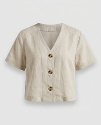 Dorothea Elegant Linen Blouse with V-Neck and Button Front in Linen