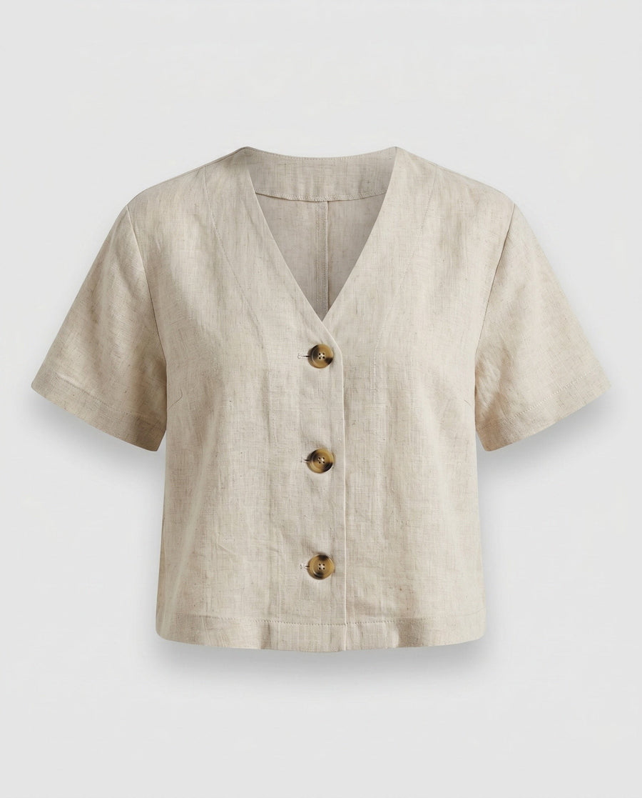 Dorothea Elegant Linen Blouse with V-Neck and Button Front in Linen
