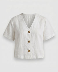 Dorothea Elegant Linen Blouse with V-Neck and Button Front in White