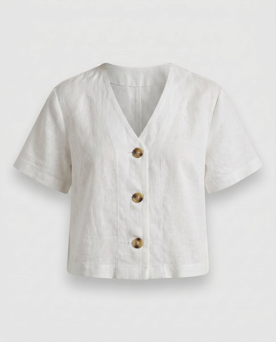 Dorothea Elegant Linen Blouse with V-Neck and Button Front in White