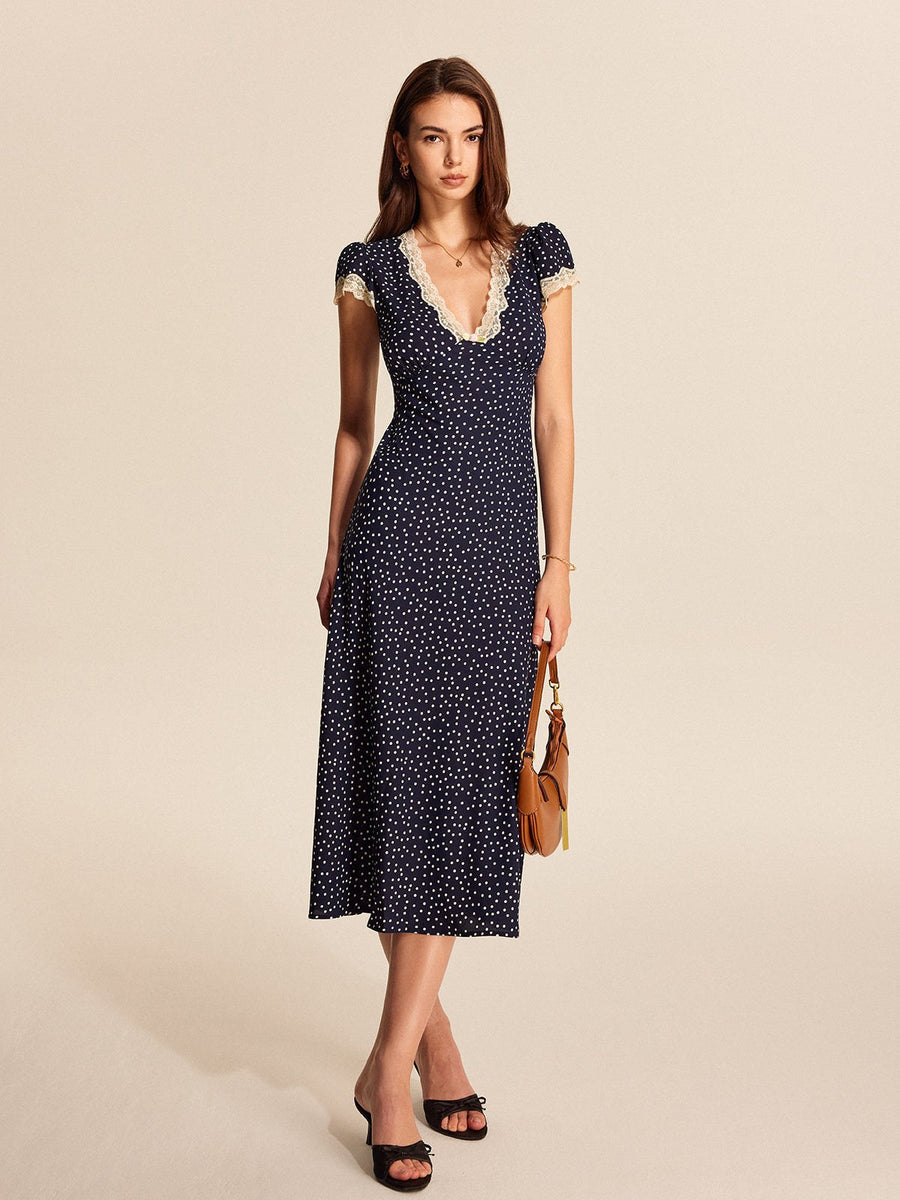Dotty Women's Polka Dot V-Neck Lace Trim Midi Dress Cap Sleeve in Blue