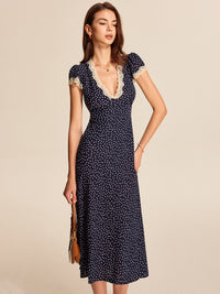 Dotty Women's Polka Dot V-Neck Lace Trim Midi Dress Cap Sleeve in Blue