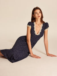 Dotty Women's Polka Dot V-Neck Lace Trim Midi Dress Cap Sleeve in Blue