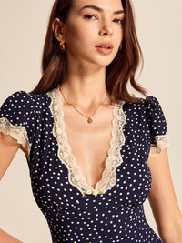 Dotty Women's Polka Dot V-Neck Lace Trim Midi Dress Cap Sleeve in Blue