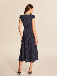 Dotty Women's Polka Dot V-Neck Lace Trim Midi Dress Cap Sleeve in Blue