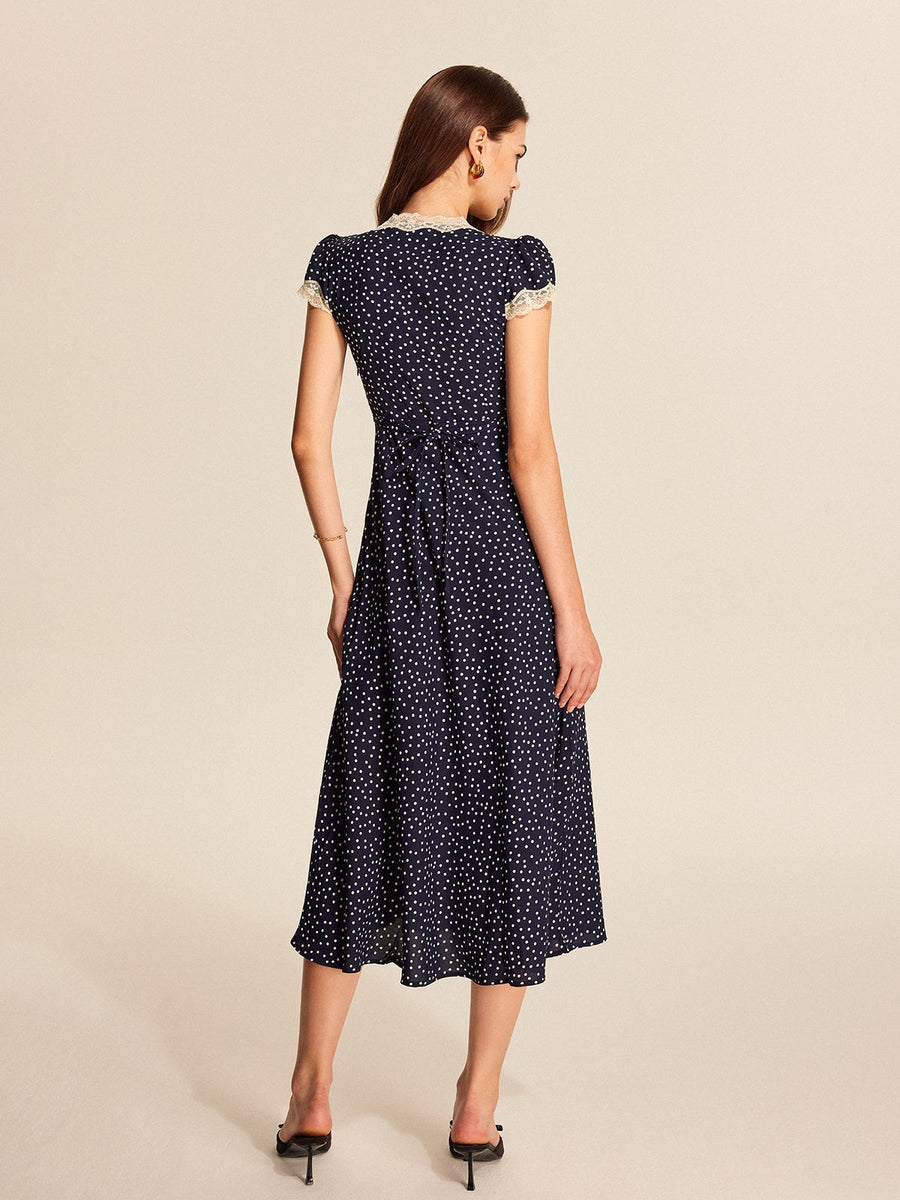 Dotty Women's Polka Dot V-Neck Lace Trim Midi Dress Cap Sleeve in Blue