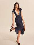 Dotty Women's Polka Dot V-Neck Lace Trim Midi Dress Cap Sleeve