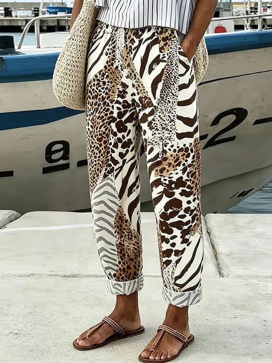 Zebra Leopard Mix Print Elastic Cuff Casual Jogger Pants