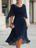 Navy Chiffon Cowl Neck Ruffle Sleeve Ruched Midi Dress