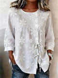 Crew Neck 3/4 Sleeve Floral Printing Lightweight Micro-Elasticity Regular Fit Shirt For Women