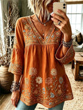 Vintage Floral Print V-neck 3/4 Sleeve Blouse