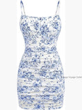 Girls Floral Spaghetti Strap Bodycon Mini Dress Mesh Ruched Cami