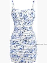 Girls Floral Spaghetti Strap Bodycon Mini Dress Mesh Ruched Cami