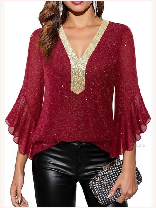 3 4 Sleeve Sequin V Neck Blouse Dressy Sparkly Top