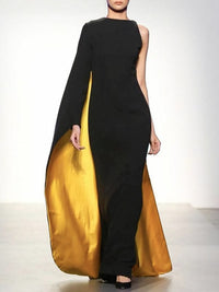 Uoozee-official Irregularity Asymmetric Contrast Color Round-Neck Maxi Dresses BLACK
