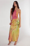 Satin Floral Ombre Halter Neck Cowl Back Maxi Dress