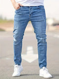 Men's Slim Fit Tapered Leg Distressed Denim Jeans with Ripped Knee Detail and Faded Wash
