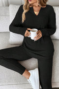 Ribbed Notched Neck Knit Long Sleeve Leggings Two Pieces Lounge Set Polyester+