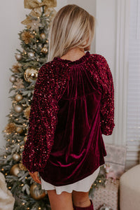 Dahlia Sequin Patchwork Sleeve Button Up Velvet Top