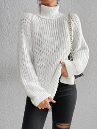Long Sleeves Loose Solid Color Split Side High Neck Pullovers Sweater Tops