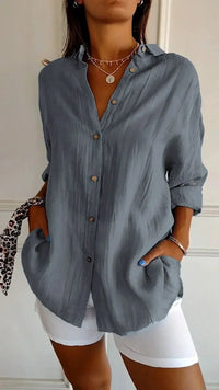 Ealasaid Women's Relaxed Fit Button-Down Blouse in Grey