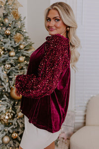Dahlia Sequin Patchwork Sleeve Button Up Velvet Top